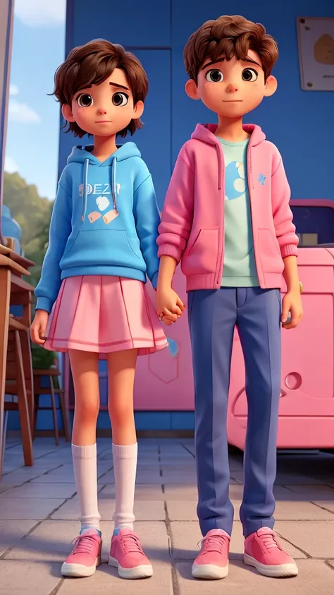 boy and girl holding hands. The boy in the blue sweatshirt and the name Abel and the girl in the pink sweatshirt with the name Estela