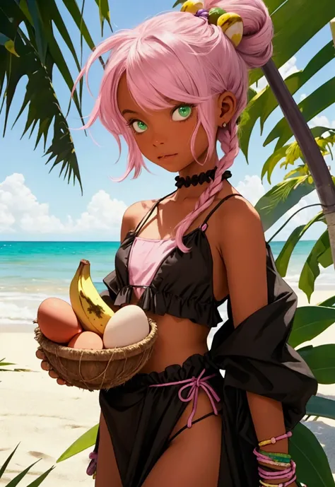 ((Artwork, high quality)), (black girl), (pink hair), (green eyes), (wearing a beach outfit), (at a large party), (decorated with small coconuts, small eggplants, and small bananas).
