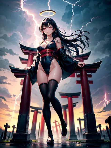 Highest Resolution,Highest quality,A beautiful girl with no expression in a black kimono leotard,(((No legs))),High leg,Floating in the air,Very beautiful red eyes,Black hair semi-long hair,Halo,thunderstorm,Bad weather,Japanese Cemeteries,A road lined wit...