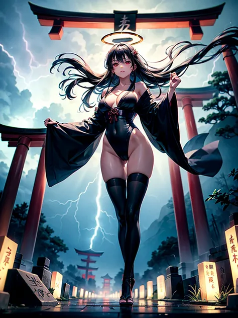 Highest Resolution,Highest quality,A beautiful girl with no expression in a black kimono leotard,(((No legs))),High leg,Floating in the air,Very beautiful red eyes,Black hair semi-long hair,Halo,thunderstorm,Bad weather,Japanese Cemeteries,A road lined wit...