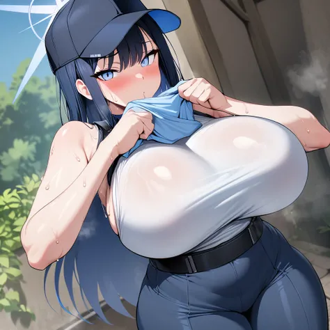 saori(blue archive),1girl,solo,blush,cool eyes,cap,sleeveless,bare shoulders,super huge breasts,looking at viewer,sweat,Gestures of wiping sweat from the body with the hands,near,standing up,daytime,Out doors