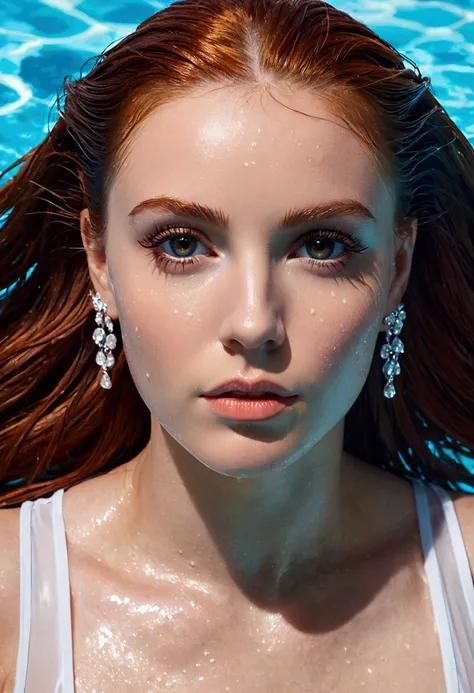 ultra realistic, photography, long red hair, girl, 24 years old, (From a straight above), female is standing in the pool, her lower body is submerged in the water and her upper body is wet, her skin is wet, her hair is wet, her eyes gazing up toward the ca...