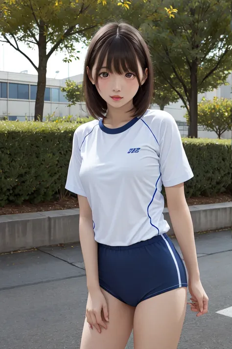 masterpiece, best quality, highres, aanene, short hair, buruma,gym uniform, standing, cowboy shot, outdoors, ahegao,nsfw,