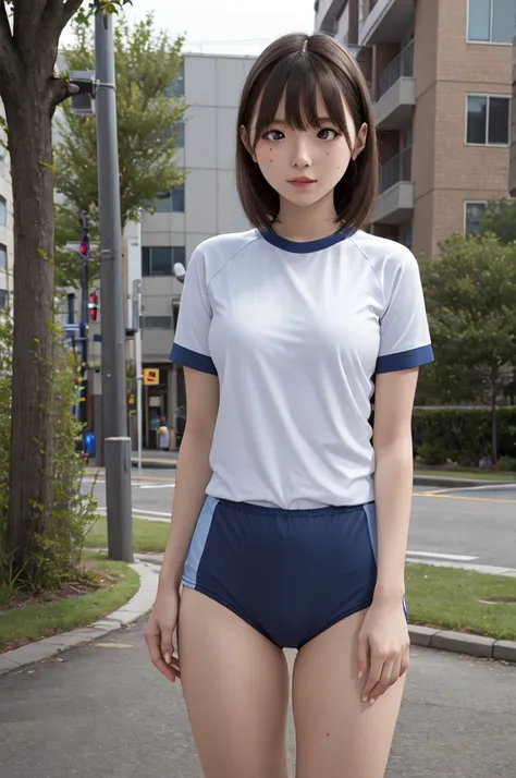 masterpiece, best quality, highres, aanene, short hair, buruma,gym uniform, standing, cowboy shot, outdoors, ahegao,nsfw,