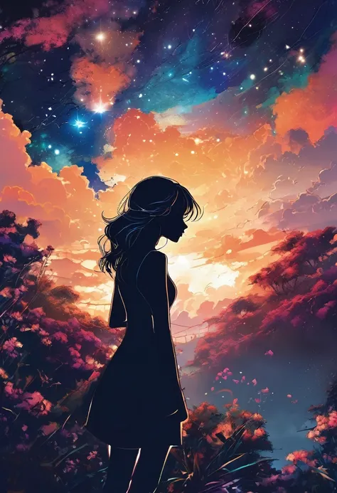 1girl, realistic, backlight colors, silhouette colors, cosmic frame, beautiful woman in a frame, silhouette, backlighting, vibrant, magical night sky, illustration, soft, beautiful, dreamy, realistic, professional, simple, twinkling night sky, extremely de...