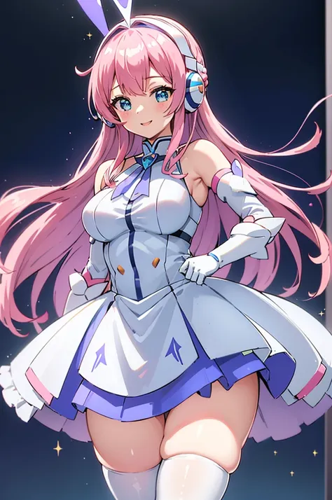 Mecha Wings、White and blue skirt、Accentuated thighs、White tights、chest、Beautiful pink hair、1 girl、solo girl、Thick thighs、is、Frame Arms Girl、Alice Gere Aegis、White Armor、Blue and purple lines、income、headphone、hand on own chest、smile