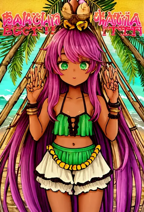 ((artwork, high quality)), (black girl), (pink hair), (green eyes), (wearing a beach outfit), (at a large party), (decorated wit...