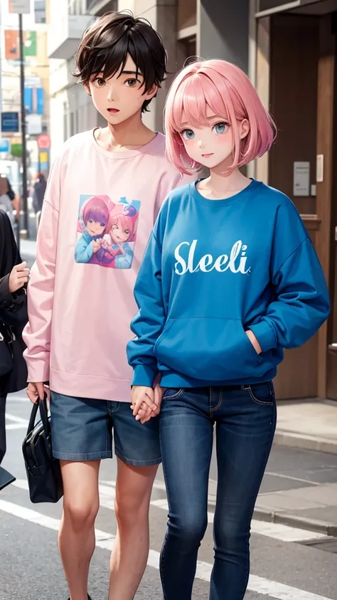 boy and girl holding hands. The boy in the blue sweatshirt and the name Abel written on the sweatshirt and the girl in the pink sweatshirt with the name Estela