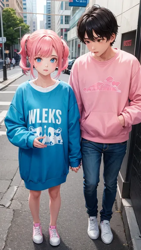 boy and girl holding hands. The boy in the blue sweatshirt and the name Abel written on the sweatshirt and the girl in the pink sweatshirt with the name Estela