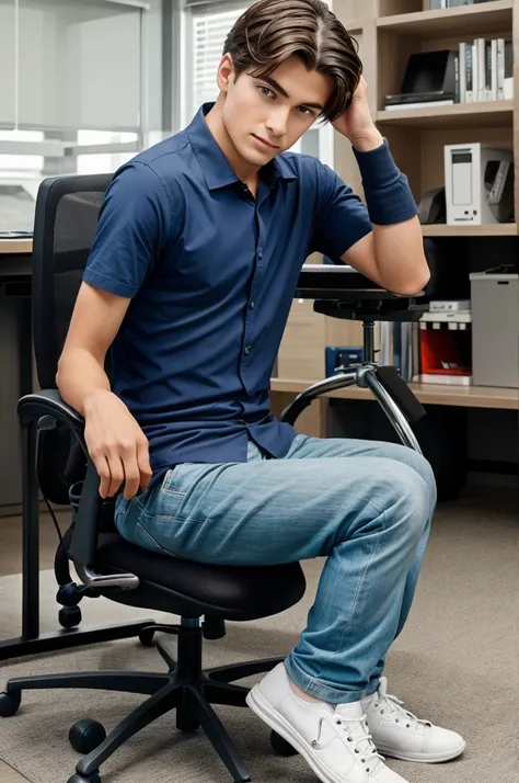 Create a picture of a corporate boy sitting on chair and keeping his head down.And a girl standing watching him