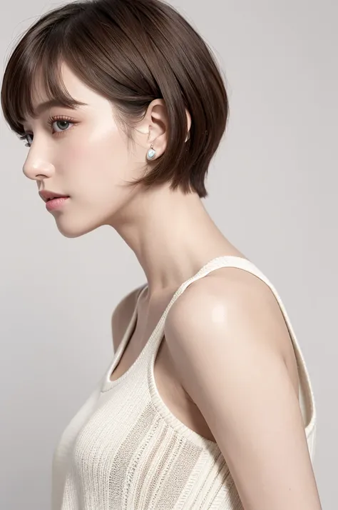 (Highest quality、Tabletop、8k、Best image quality、Award-winning works)、((profile:1.4))、ear、((short hair:1.46)),(Brown Hair)、(White casual clothes:1.2)、(The simplest pure white background:1.3)、(Perfectly fixed in front:1.1),(Portrait with Space:1.2)、Beautiful...