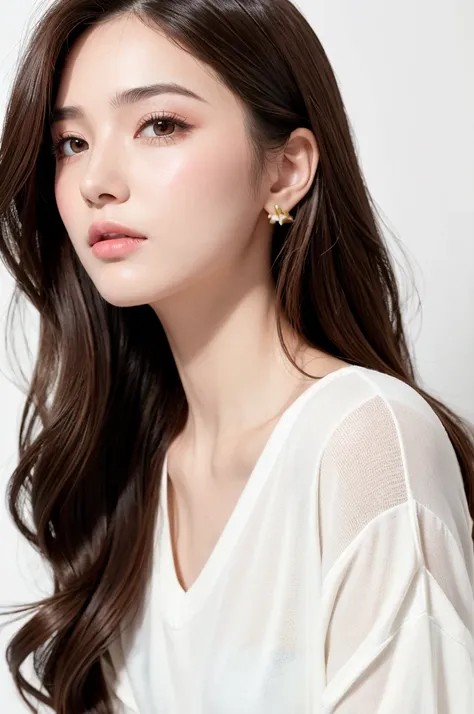 (Highest quality、Tabletop、8k、Best image quality、Award-winning works)、((profile:1.4))、ear、((Long Hair:1.46)),(Brown Hair)、(White casual clothes:1.2)、(The simplest pure white background:1.3)、(Perfectly fixed in front:1.1),(Portrait with Space:1.2)、Beautiful ...