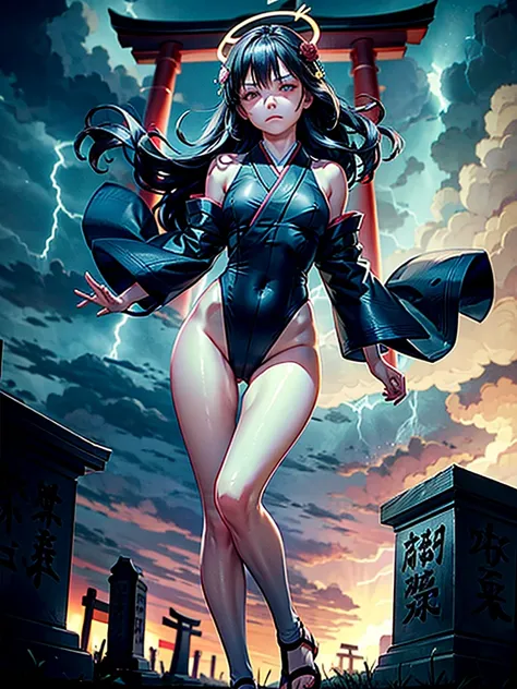 Highest Resolution,Highest quality,A beautiful girl with no expression in a black kimono leotard,(((No legs))),High leg,Floating in the air,Very beautiful red eyes,Black hair semi-long hair,Halo,thunderstorm,Bad weather,Japanese Cemeteries,A road lined wit...