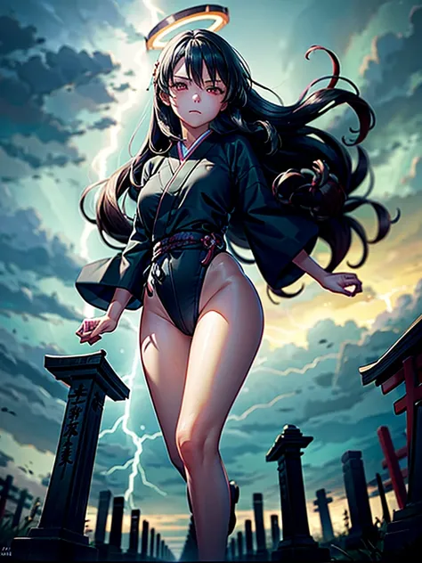 Highest Resolution,Highest quality,A beautiful girl with no expression in a black kimono leotard,(((No legs))),High leg,Floating in the air,Very beautiful red eyes,Black hair semi-long hair,Halo,thunderstorm,Bad weather,Japanese Cemeteries,A road lined wit...