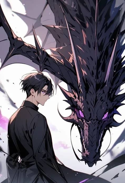 handsome, alone, 1 man, short hair, black hair, purple eyes, black shirt, black coat, black dragon