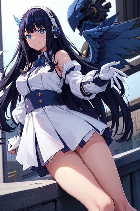 mecha wings、white and blue skirt、accentuated thighs、white tights、chest、beautiful black hair、1 girl、solo girl、thick thighs、is、fra...