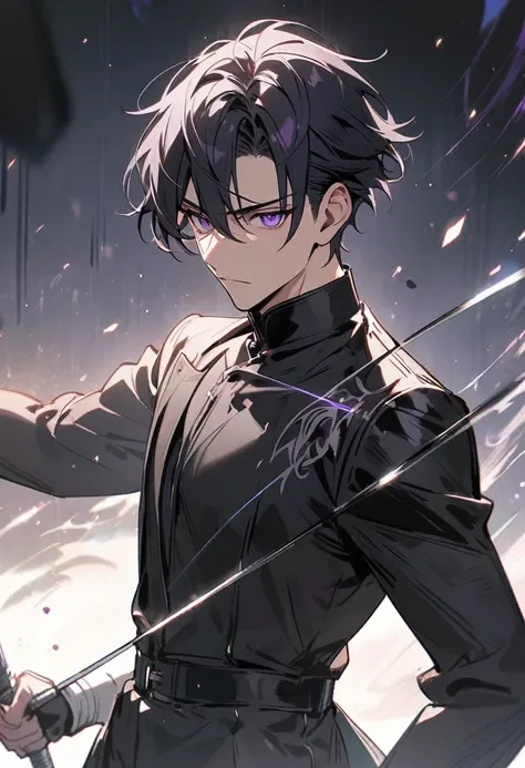 handsome, alone, 1 man, short hair, black hair, purple eyes, black shirt, black coat,fencing