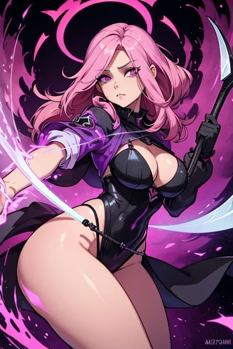 Perfect face. Perfect hands. A pink haired female reaper with violet eyes with an hourglass figure is spinning her scythe in a shrine