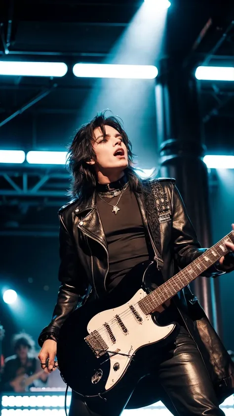 Image of a rock star dressed in black with rock clothes and accessories. He plays the electric guitar and sings loudly in a cyberpunk city surrounded by planets and stars. The image denotes movement. He is singing at the top of his voice, screaming loudly.