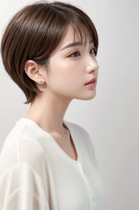 (Highest quality、Tabletop、8k、Best image quality、Award-winning works)、((profile:1.4))、ear、((short hair:1.46)),(Brown Hair)、(White casual clothes:1.2)、(The simplest pure white background:1.3)、(Perfectly fixed in front:1.1),(Portrait with Space:1.2)、Beautiful...