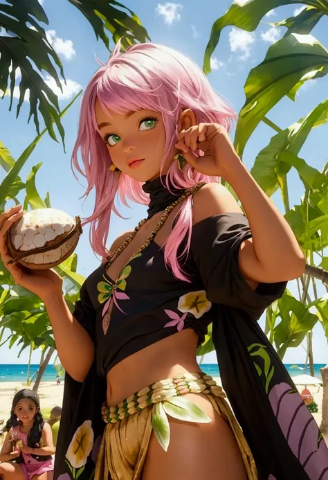 ((Artwork, high quality)), (black girl), (pink hair), (green eyes), (wearing a beach outfit), (at a large party), (decorated with small coconuts, small eggplants, and small bananas).




