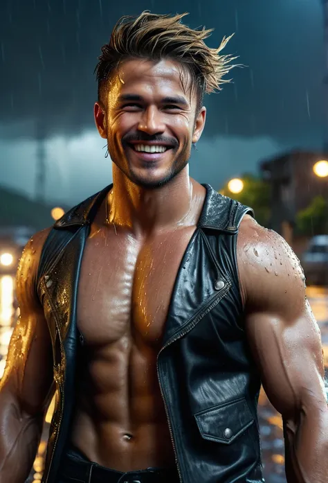 realist:1.3,( fotorrealist, 8k, RAW Photos, Premium quality, Masterpiece, epic lighting. close up, Centered image), (foreground),((1 beautiful man beautiful smile, self-confident well-formed muscles, Post Apocalyptic, Guerrero, Perfectly detailed face and ...