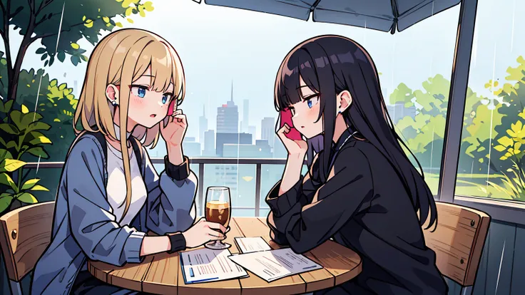 (masterpiece, best quality),18 years old, 2 women, black long hair,golden bob, different faces, modern design cafe,outdoors, stylish outfit, chapped lips, rain, casual attire, sony headset, whole body, from the side, study at the table,My eyes are on the n...