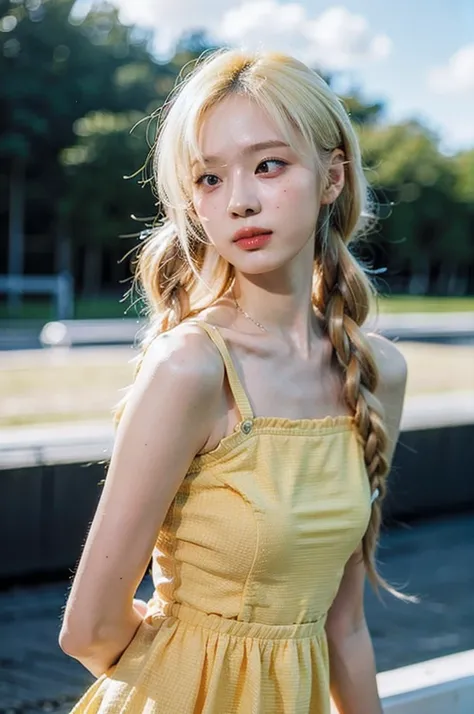 Best quality, masterpiece, ultra high res, (photorealistic), raw photo,1girl, skinny,solo, realistic, looking at viewer, bokeh background, outdoor, clouds,  blonde hair twin tail braided, jewelry, cowboy shot, sundress,corsette