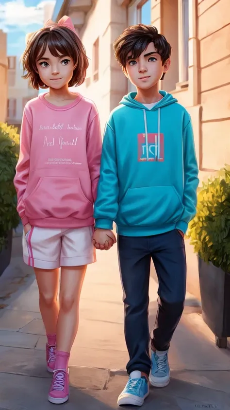 boy and girl holding hands. The boy in the blue sweatshirt and the name "Abel" written on the sweatshirt and the girl in the pink sweatshirt with the name Estela