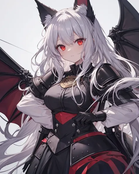 masterpiece, 1catgirl, cat ears, White long hair, Red eyes, intricate Black armour, she is a dragon slayer with a giant dead dragon behind her. She won the fight. Damaged black and Red shirt over the armour. Portrait. 