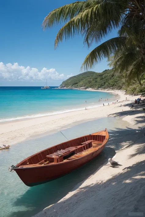 cinematic landscape, serene ocean, beach with seagulls, remote tropical island, people in a boat on the distant horizon, spectac...