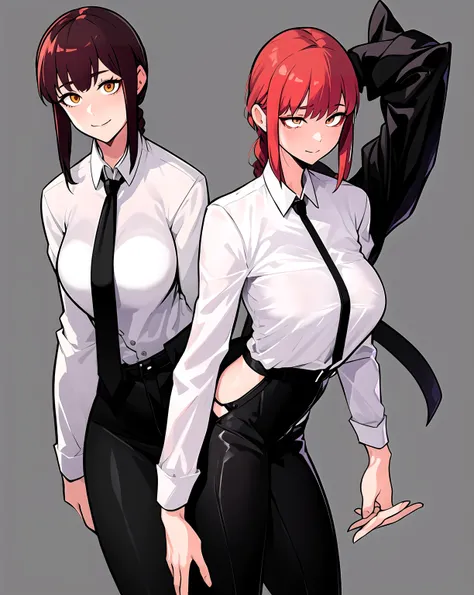 makima, full height, dressed in black tight trousers and a white shirt with a black tie, Red hair, , background office, cute face, Ideal figure, 