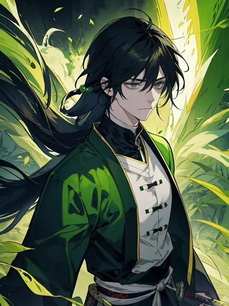 Rogue, 1man, fantasy ,longhair, greeneyes, samuraistyle, blackhairhightlightgreen, japan, handsome, 21yearold, earing