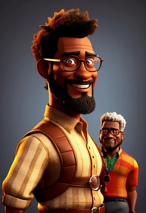 create a majestic 3d render of a muscular african-descendant professor with short hair and a beard, wearing glasses and clothing...