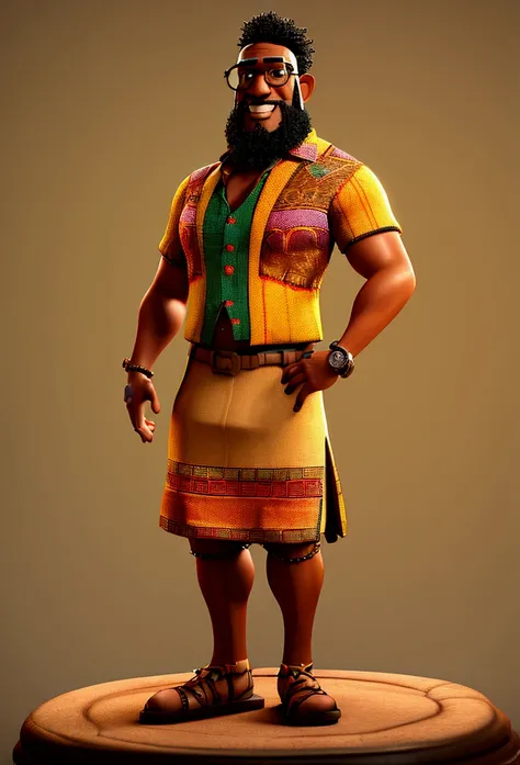 create a majestic 3d render of a muscular african-descendant professor with short hair and a beard, wearing glasses and clothing...