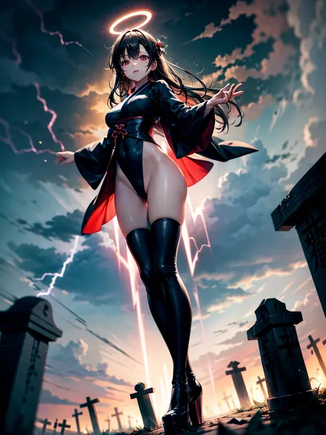 Highest Resolution,Highest quality,A beautiful girl with no expression in a black kimono leotard,(((No legs))),High leg,Floating in the air,Very beautiful red eyes,Black hair semi-long hair,Halo,thunderstorm,Bad weather,Japanese Cemeteries,A road lined wit...