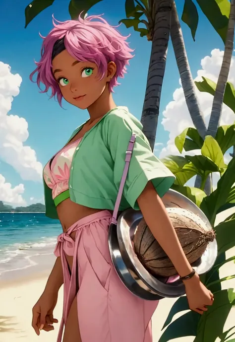 ((artwork, high quality)), (black girl), (pink hair), (green eyes), (wearing a beach outfit), (at a large party), (with a coconu...