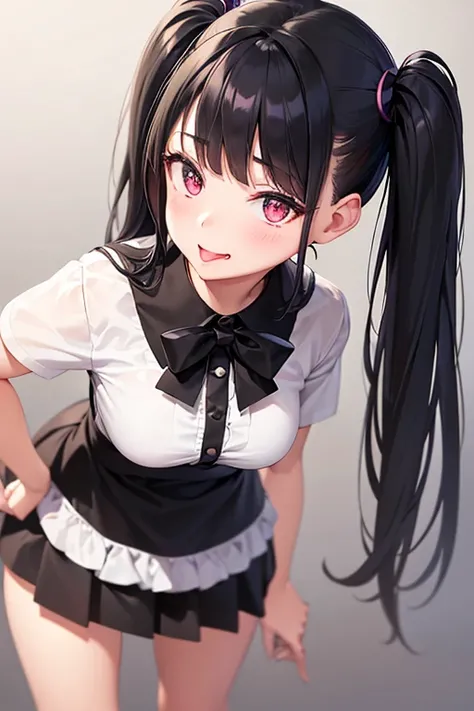 a cute mischievous girl with twin tails, black hair, playful eyes, wearing a  with a short skirt, , tongue out, low angle, hyper realistic, 8k, intricate details, masterpiece, vibrant colors, dramatic lighting, soft focus