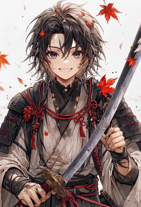 ronin, dirty, boy, two sword, black eyes, black samurai long unkempt hair, ragged body, gray- white torn clothes, smile, maple l...