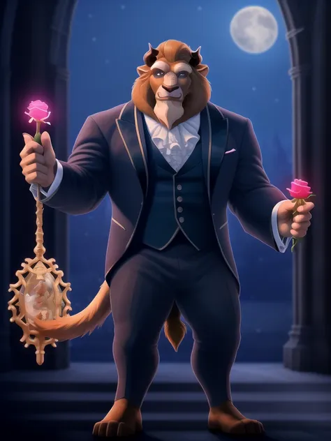 (photographic rendering:1.2), male, beast (disney), solo, front view, clothed, clothing, wearing victorian suit, suit, fancy, bo...