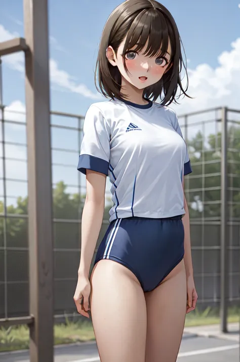 masterpiece, best quality, highres, aanene, short hair, buruma,gym uniform, standing, cowboy shot, outdoors, ahegao,nsfw,