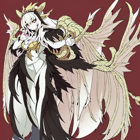 masterpiece, high quality, dragon girl, white glue, white scales, feathered wings, pose noble, golden tiara, pink eyes, feathers...