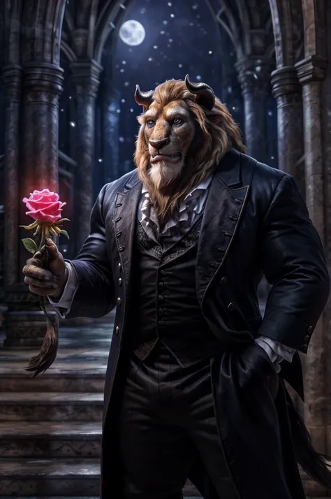 (photographic rendering, hyperrealistic, photorrealistic textures:1.2), male, beast (disney), solo, front view, clothed, clothing, wearing victorian suit, suit, fancy, bottomwear, muscular, horn, tail, lion tail, cathedral, moonlight, night, rose, holding ...