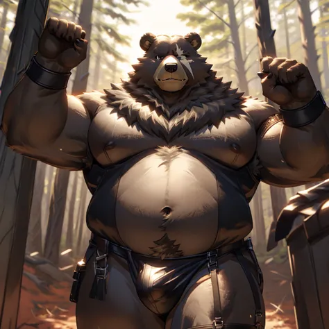 ben (zenless zone zero), bear, brown bear, jockstrap, bulge, big belly, big chest, big titts, forest