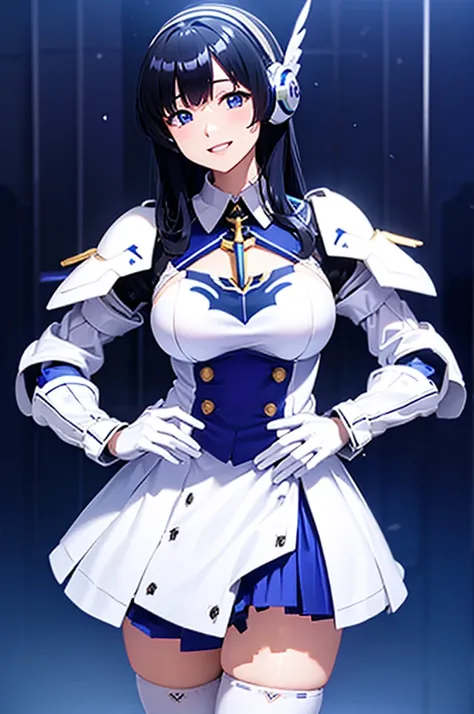 mecha wings、white and blue skirt、accentuated thighs、white tights、chest、beautiful black hair、1 girl、solo girl、thick thighs、is、fra...