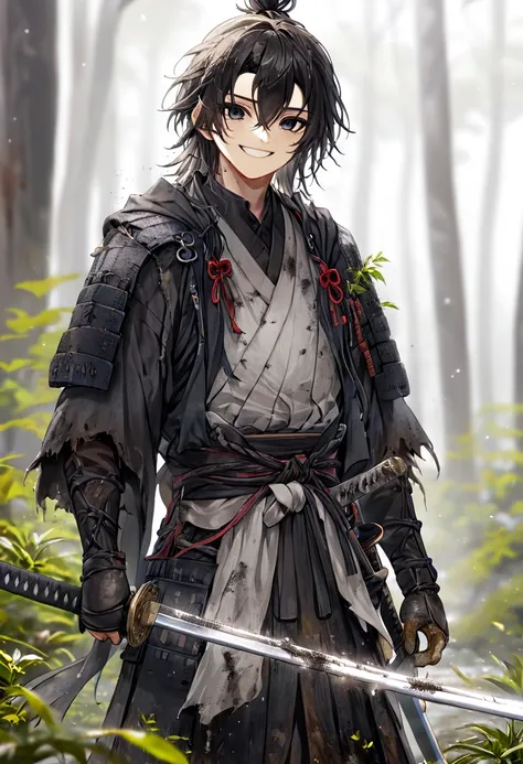 ronin, dirty, boy, two sword, black eyes, black samurai long unkempt hair, ragged body, gray- white torn clothes, smile, nature ...