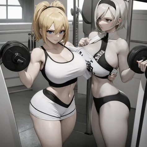 your influencer character(sexy milf boobs) with short blonde hair dressed in gym cloths working out in the gym by herself lovely...