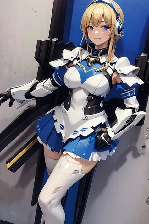 Mecha Wings、White and blue skirt、Accentuated thighs、White tights、chest、Beautiful golden hair、1 girl、solo girl、Thick thighs、is、Frame Arms Girl、Alice Gere Aegis、White Armor、Blue and purple lines、income、headphone、hand on own chest、smile