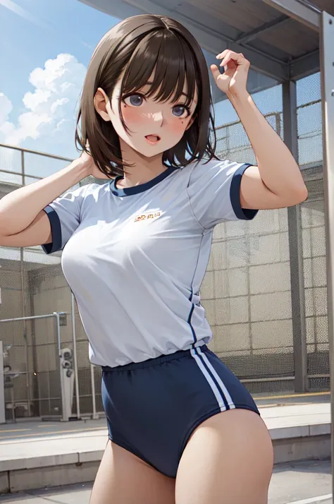 masterpiece, best quality, highres, aanene, short hair, buruma,gym uniform, standing, cowboy shot, outdoors, ahegao,nsfw,