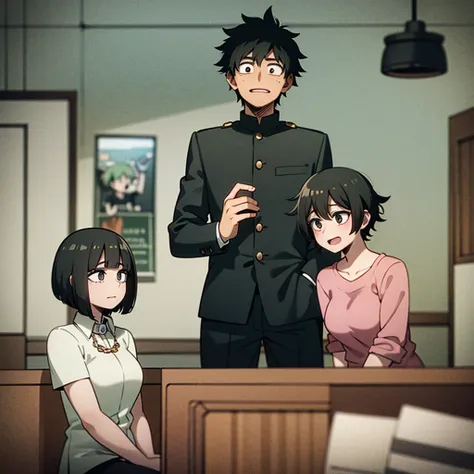 deku and a girl with short black hair and black eyes talking in the classroom 1. to with kachan